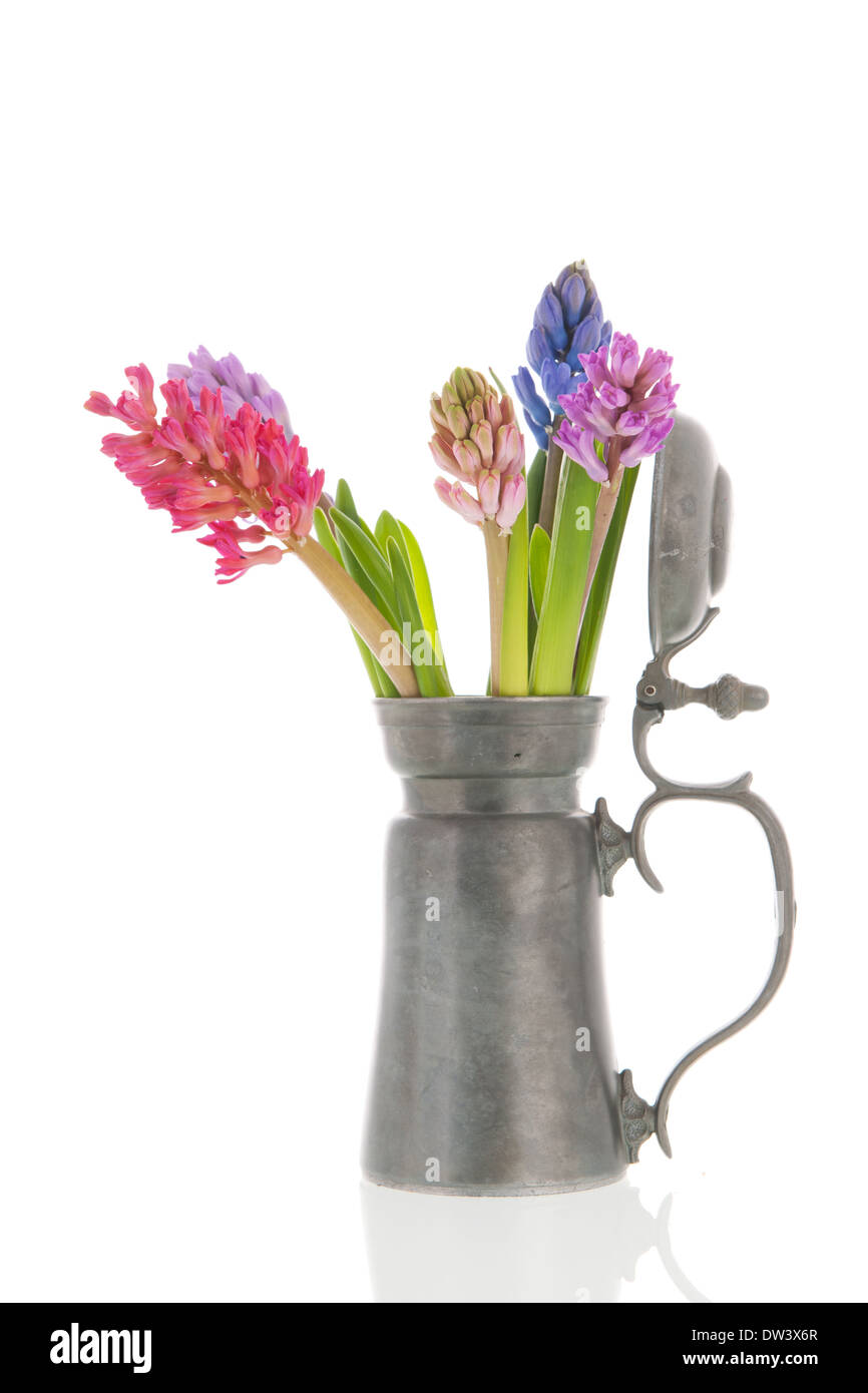 Bouquet de jacinthes coloré en ancien vase d'étain Banque D'Images