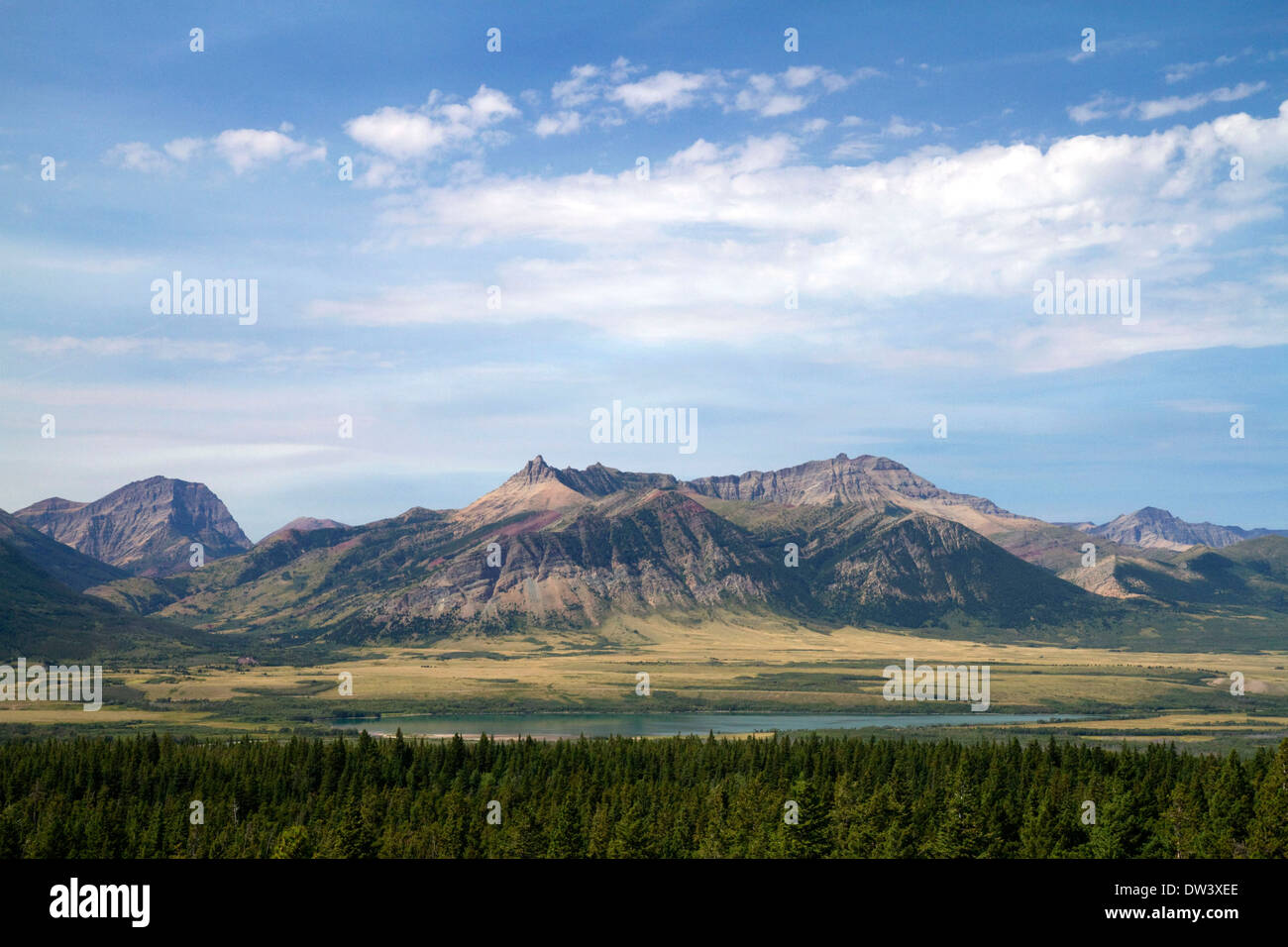 Vue panoramique sur les Rocheuses canadiennes dans le parc national des Lacs-Waterton, en Alberta, Canada. Banque D'Images