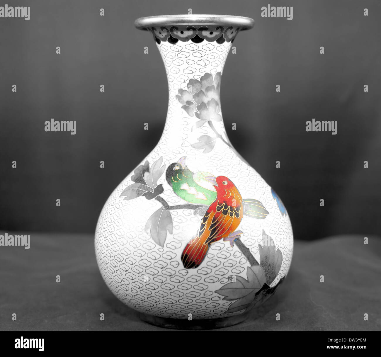 ORIENTAL VASE MONOCHROME AVEC LES OISEAUX colorés Banque D'Images