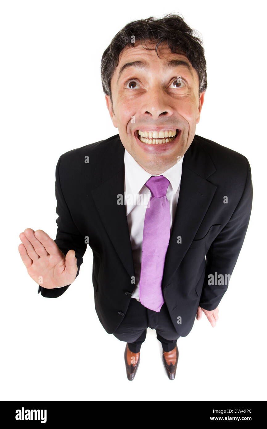 Funny businessman disant bonjour avec hand gesture Banque D'Images