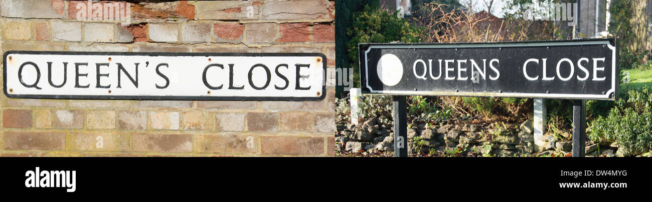 Deux enseignes placées de chaque côté de la même rue, un ancien avec une apostrophe et un autre sans. UK, 2014. Banque D'Images