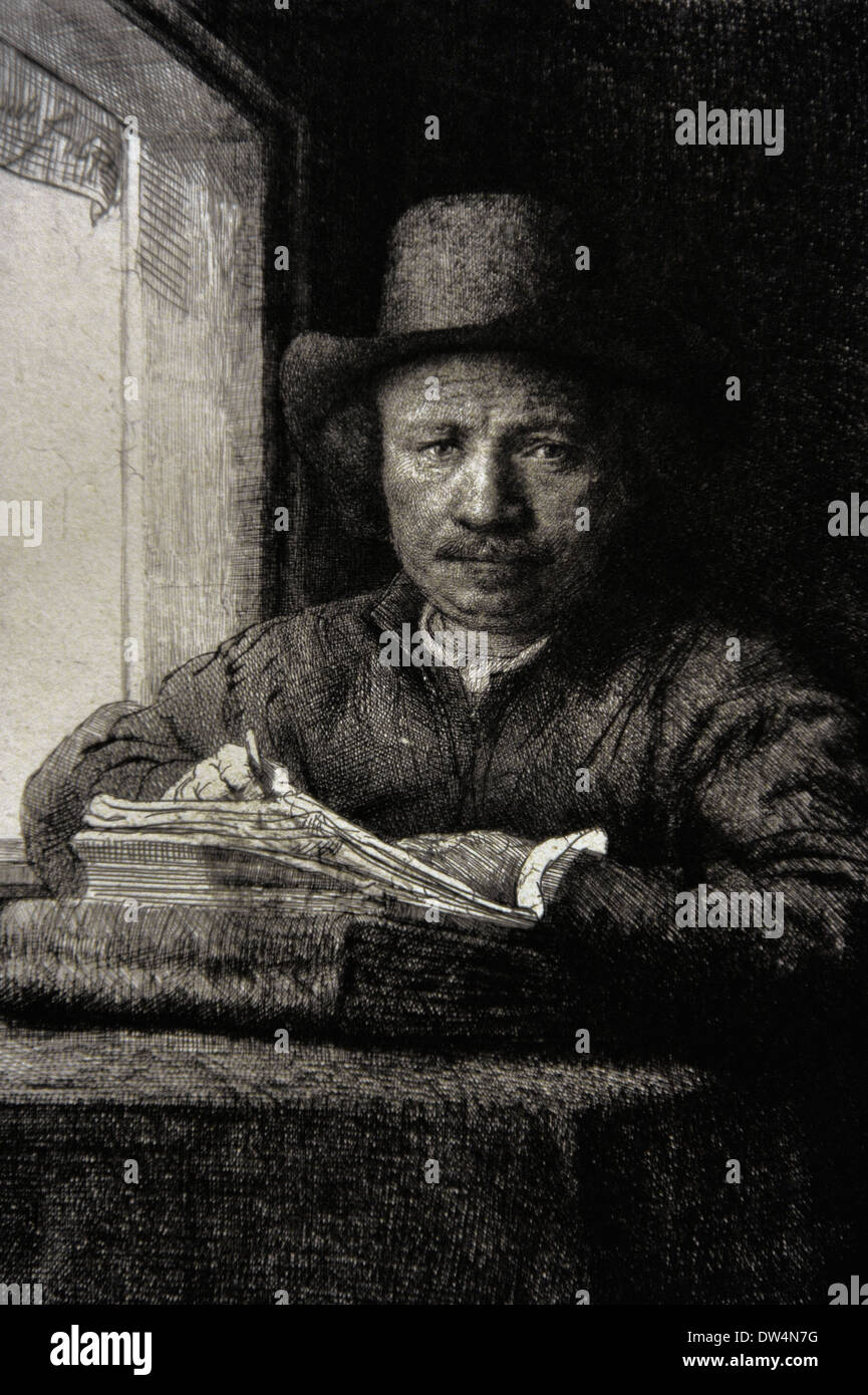 Rembrandt Harmenszoon van Rijn (1606-1669). Peintre hollandais. Autoportrait à la fenêtre de gravure, 1648. Banque D'Images