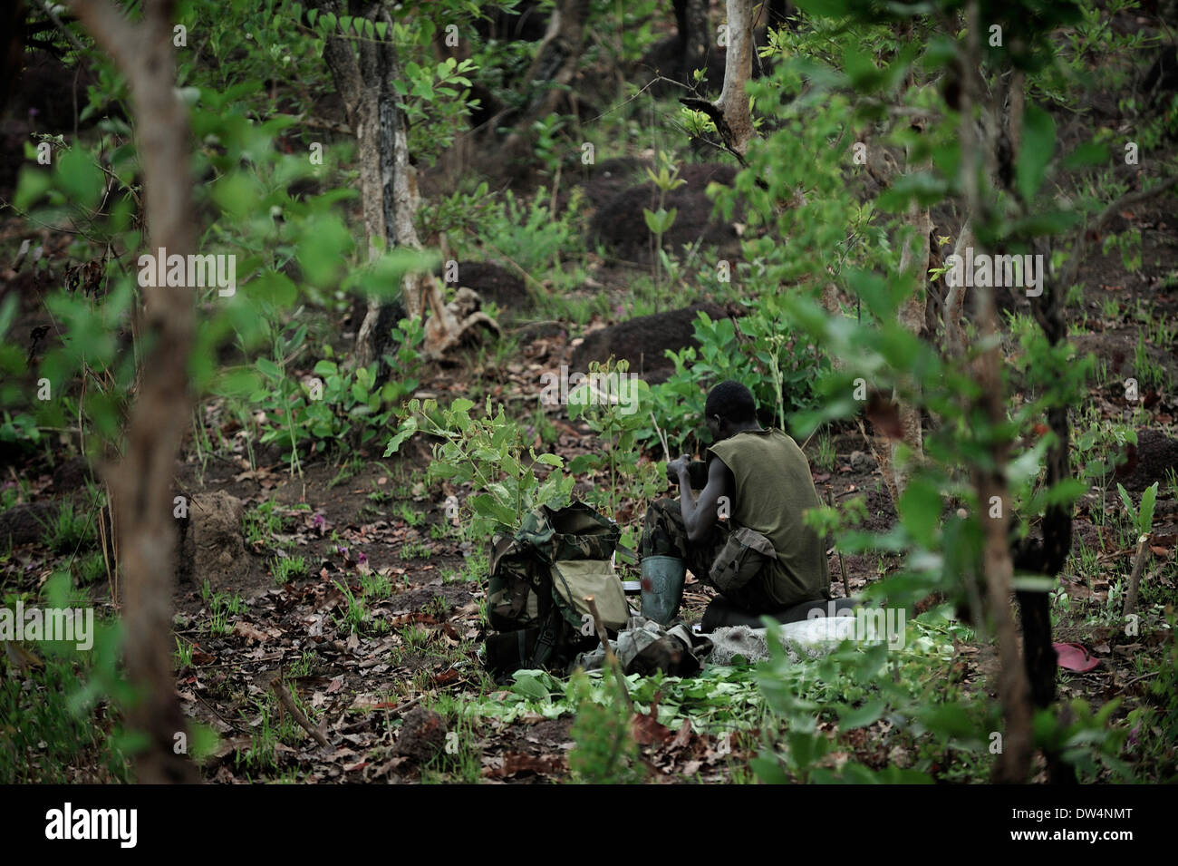 Les soldats ougandais de la Force de défense du peuple ougandais (UPDF) patrouille dans la jungle pendant une opération de chasse célèbre Armée de Résistance du Seigneur (LRA), Joseph Kony, chef. La LRA est un groupe rebelle militant chrétien. Banque D'Images