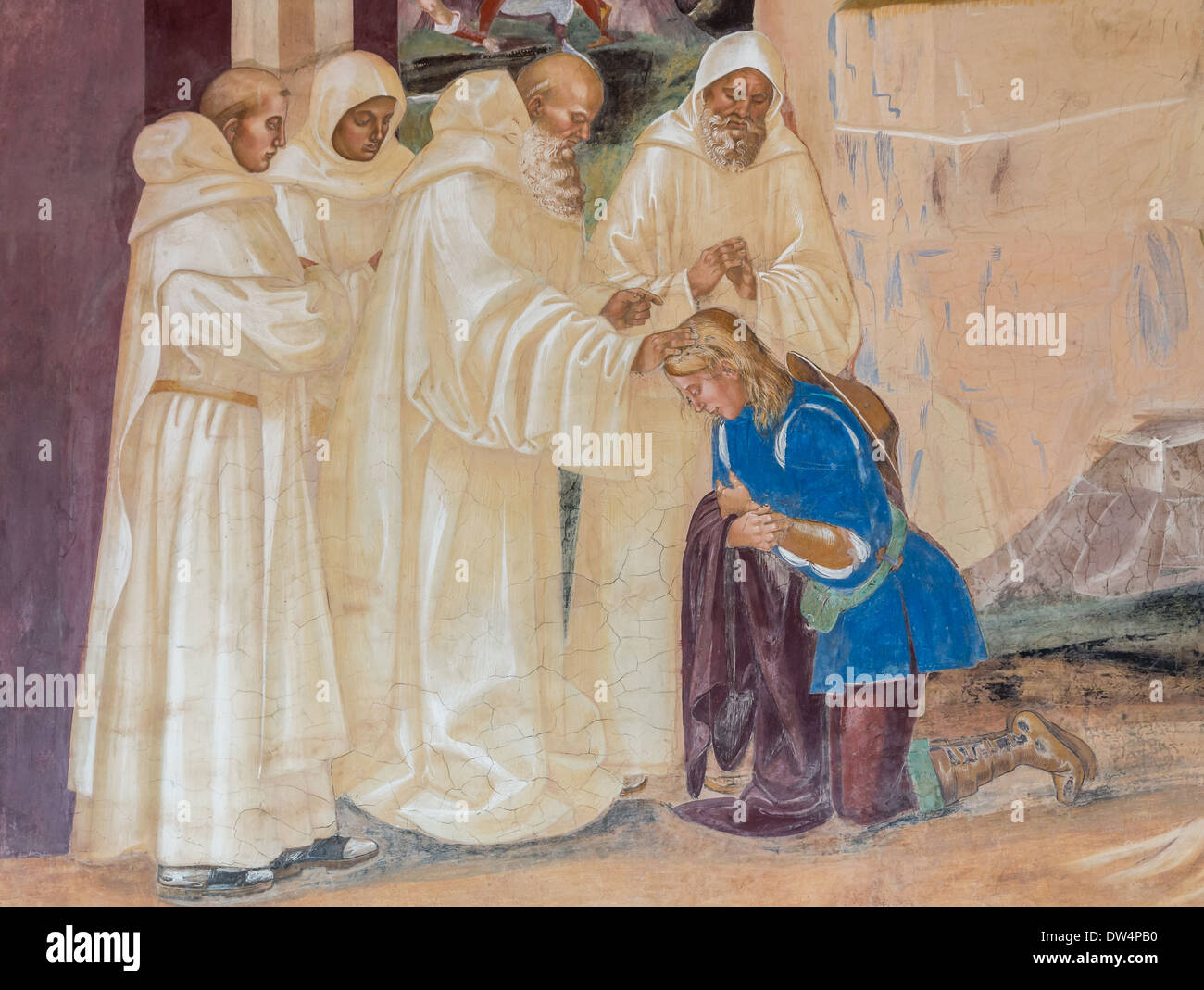 Fresque représentant la vie de saint Benoît, de Signorelli, cloître de l'abbaye Abbazia di Monte, Toscane, Italie Banque D'Images