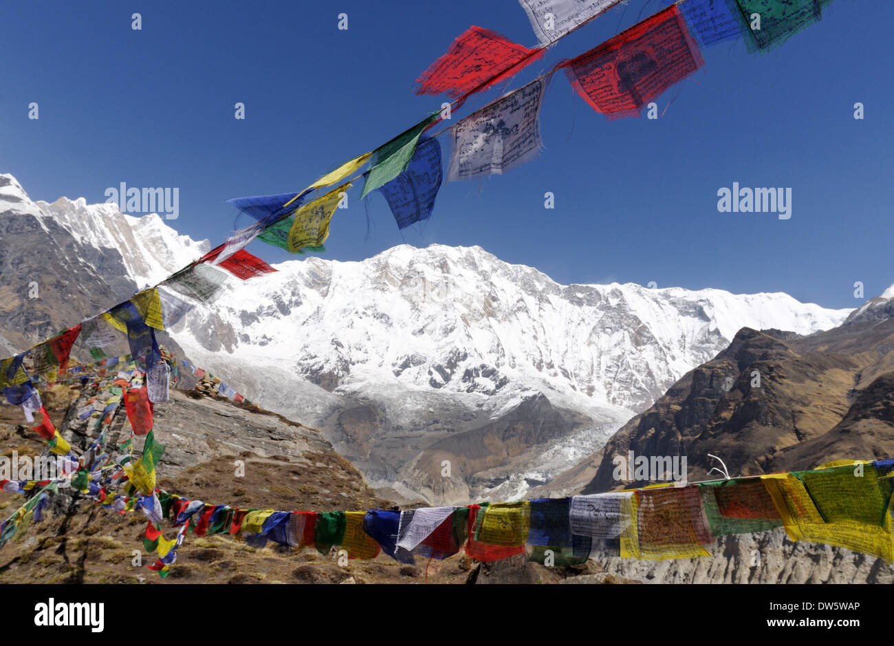 Les drapeaux de prières dans le sanctuaire de l'Annapurna Banque D'Images