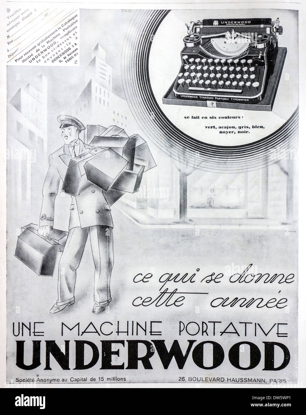 Le français en noir et blanc vintage publicité pour American Underwood dans machines à écrire portable magazine, France Banque D'Images