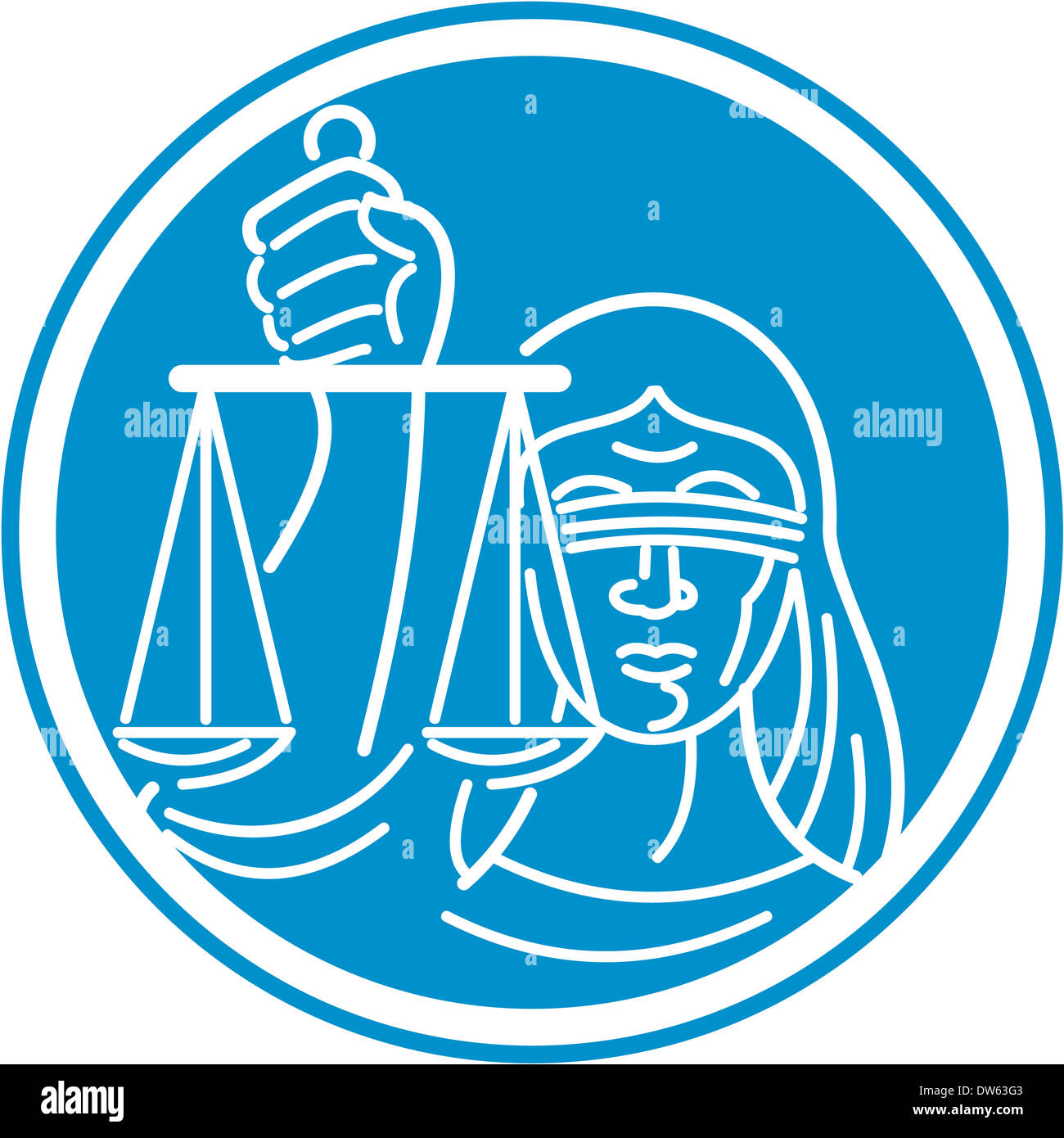 Illustration de la dame aux yeux bandés tenant face à l'avant et lever une balance de la justice a l'intérieur du cercle sur fond isolé. Banque D'Images