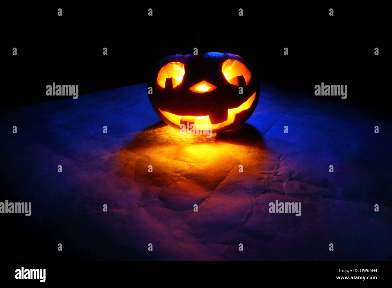 Drôle Halloween citrouille dans la lumière bleue Banque D'Images
