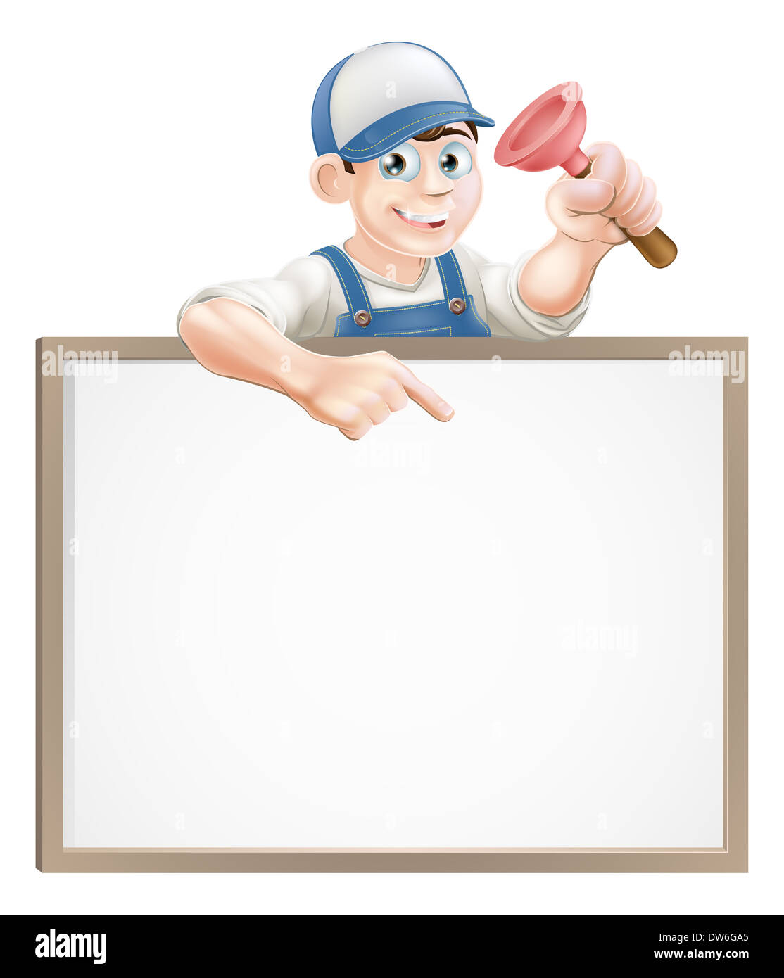 Un plombier ou un plongeur et d'une holding janitor peeking sur un signe et de pointage Banque D'Images