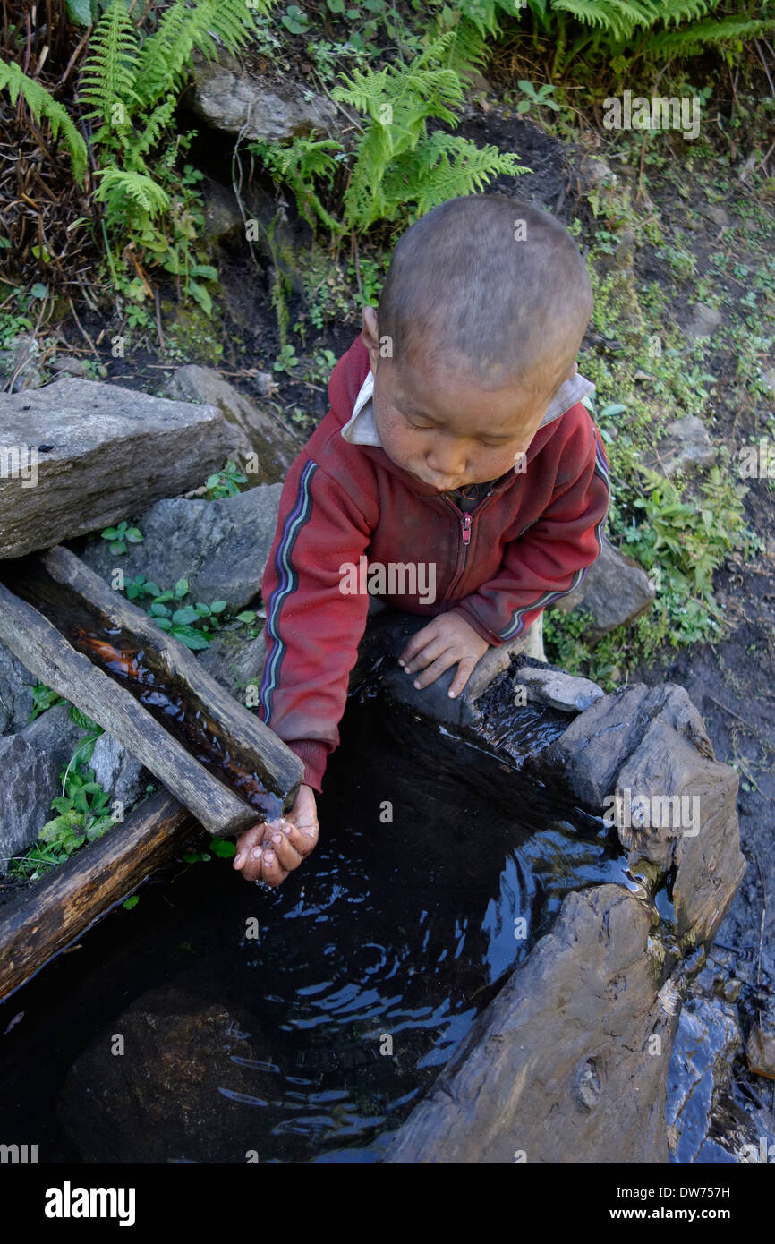 Garçon népalais eau potable d'un ressort dans la région du Manaslu au Népal. Banque D'Images