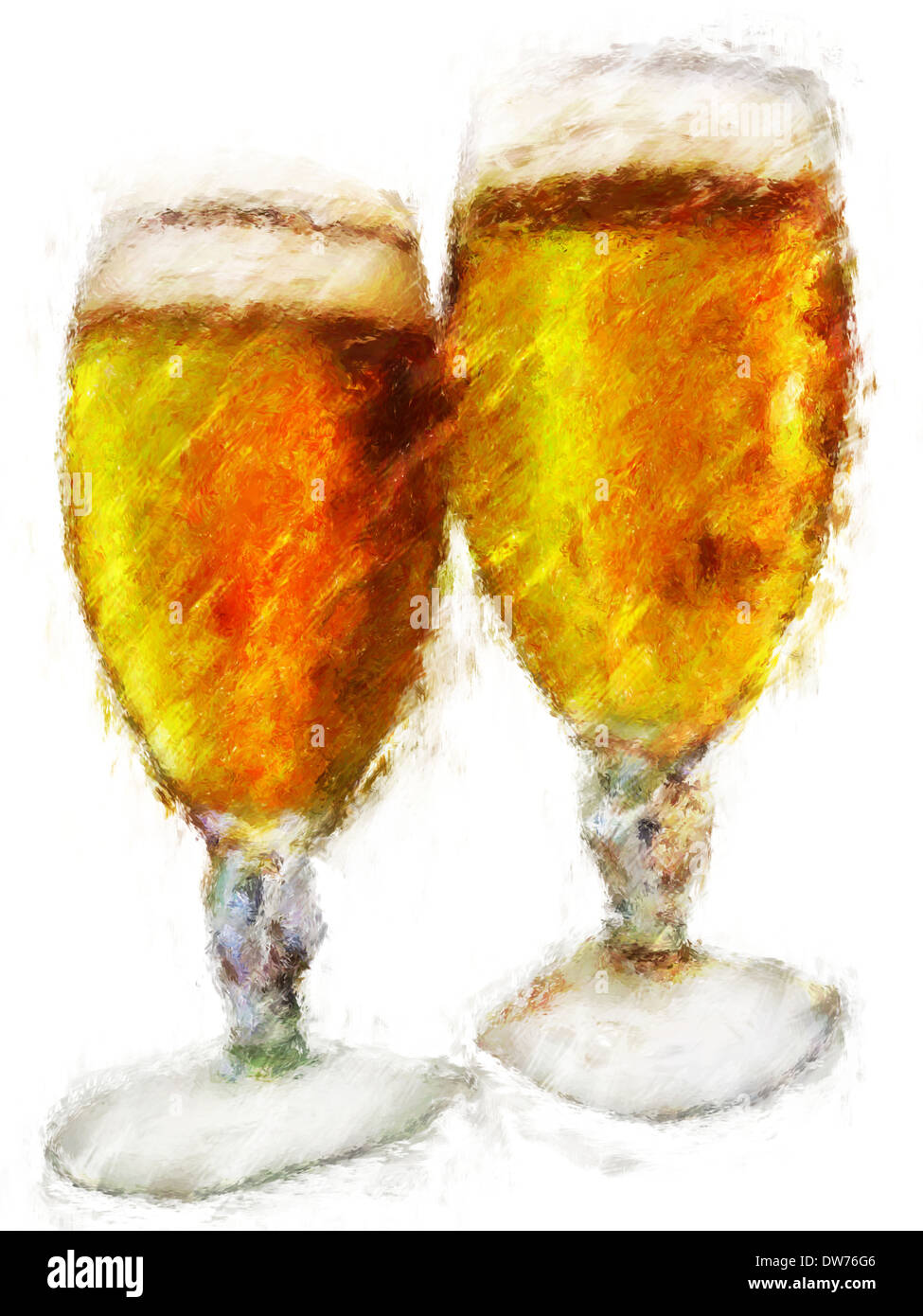 Peinture de deux verres de bière fraîche sur fond blanc Banque D'Images
