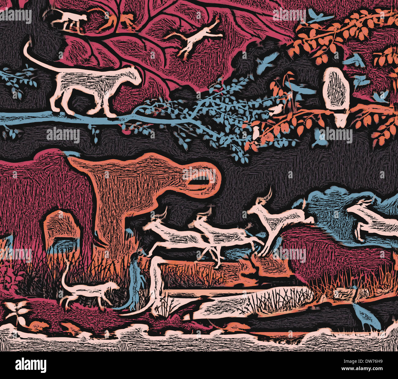 Illustration de la diversité de la faune dans un style gravure sur bois Banque D'Images