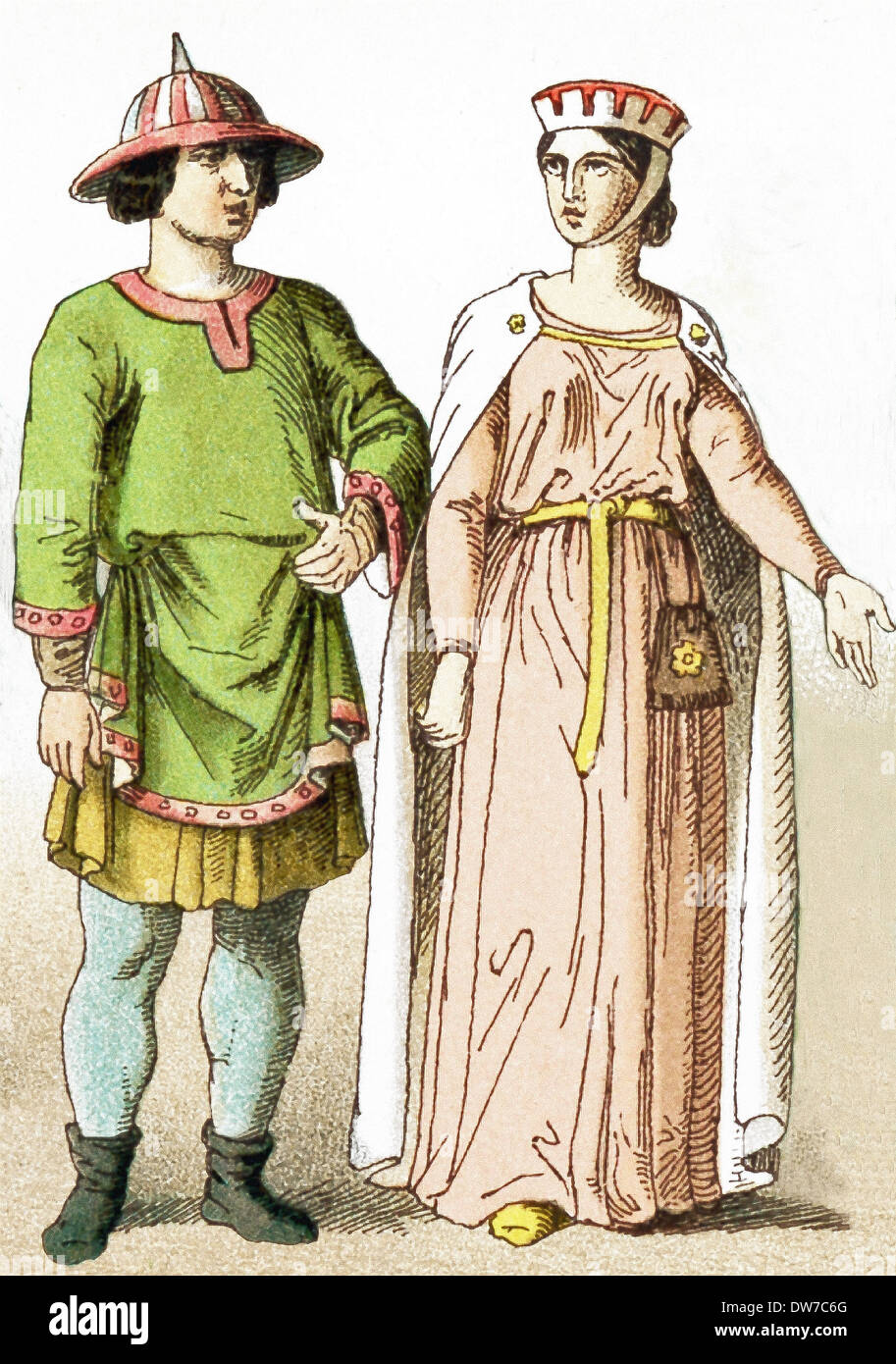 Représentés ici sont un français de rang et le rang d'une française vers l'an 1100. L'illustration dates à 1882. Banque D'Images