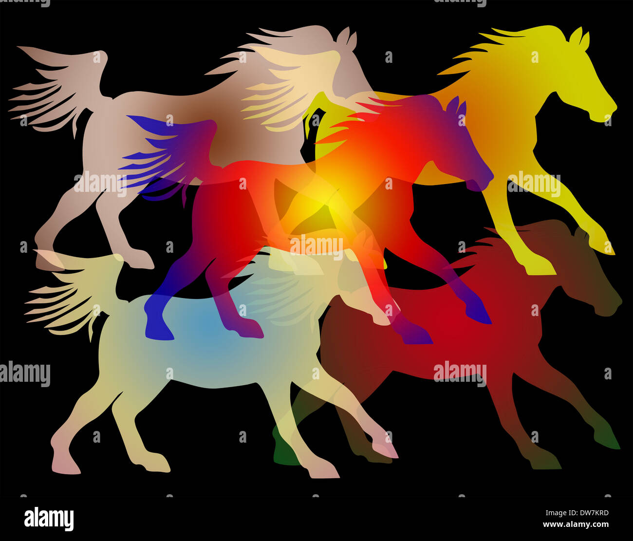 Image de fond sur le thème équestre de chevaux galopant colorés sur fond noir Banque D'Images