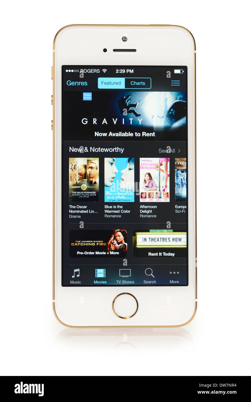 Les films iTunes sur iPhone 5S, la sélection, l'écran Liste, menu, film Store, l'App, iPhone 5 S Banque D'Images