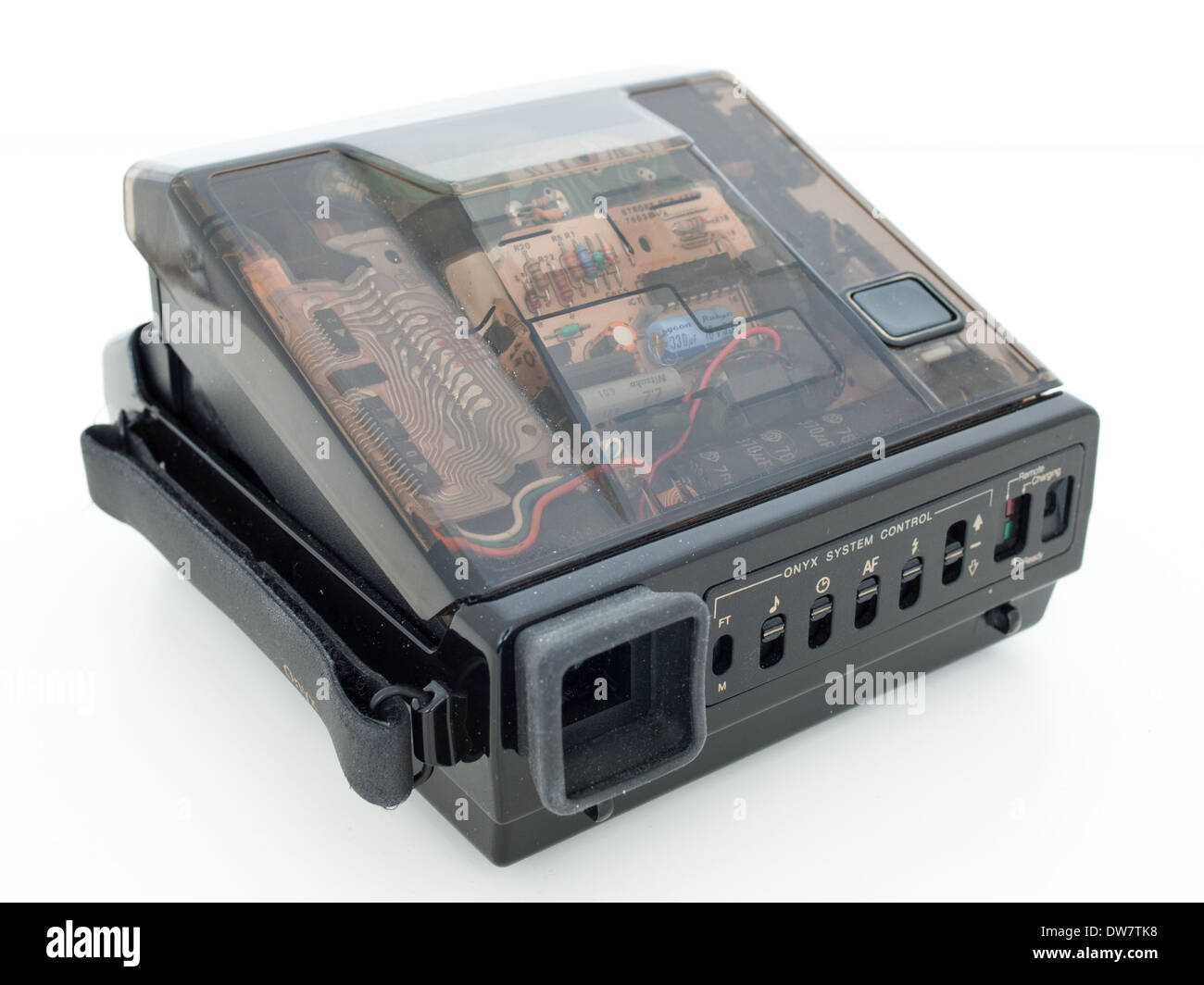 Un appareil photo Polaroid Spectra Onyx, avec des corps gris semi-translucides. Banque D'Images