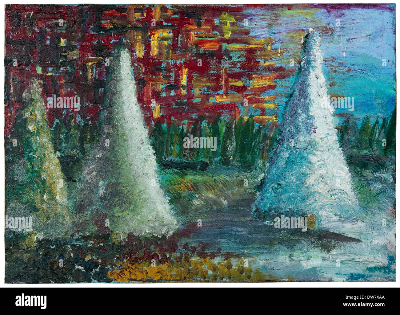 Coucher du soleil d'hiver paysage de forêt. Huile abstraite sur toile peinture art artisanal Banque D'Images