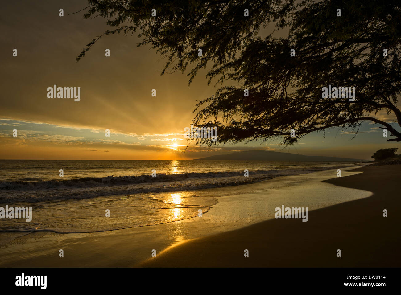 Plage spectaculaire coucher de soleil dans la ville de Lahaina sur l'île hawaïenne de Maui. Banque D'Images