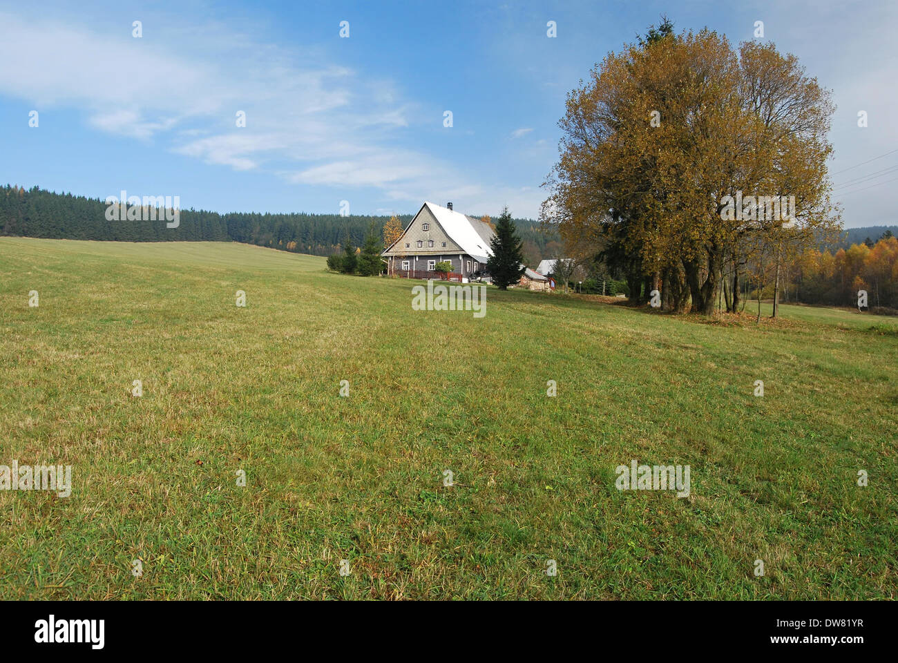 Hameau sur l'immense pré en montagnes Orlicke hory Banque D'Images