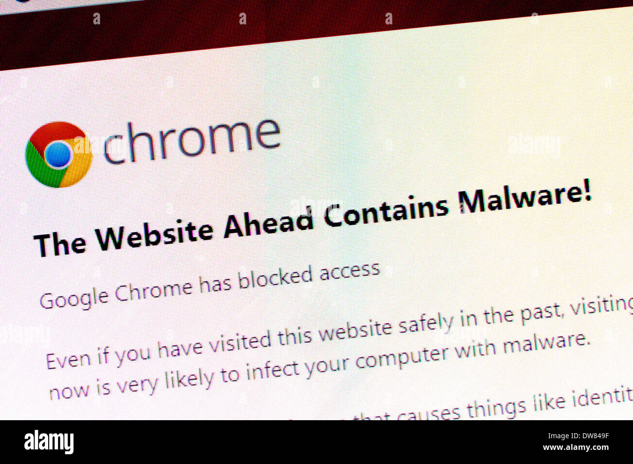 Capture d'écran de l'ordinateur : les logiciels malveillants avertissement de Google Chrome Banque D'Images