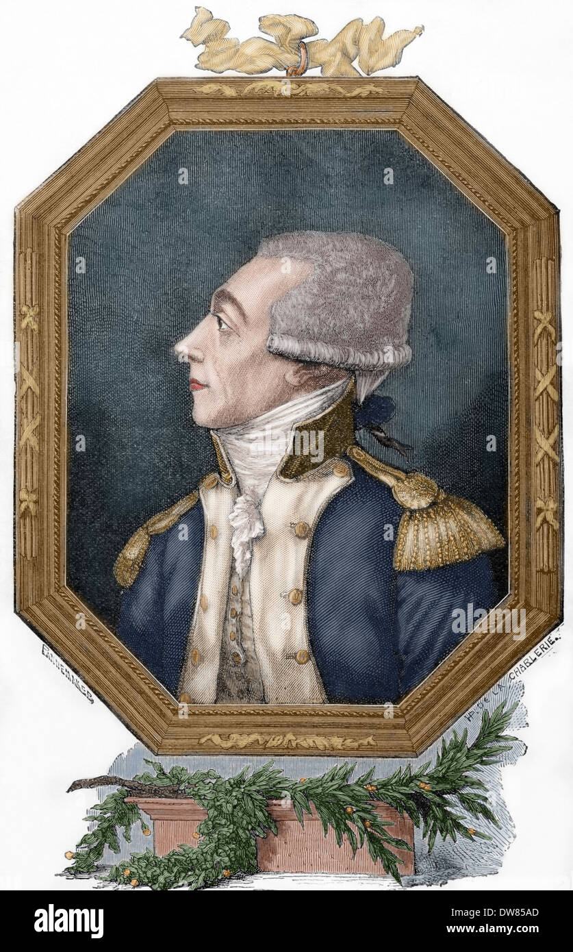 Marquis de La Fayette (1757-1834). Militaire et homme politique français. Gravure par Pannemaker. Notre siècle, 1883. De couleur. Banque D'Images