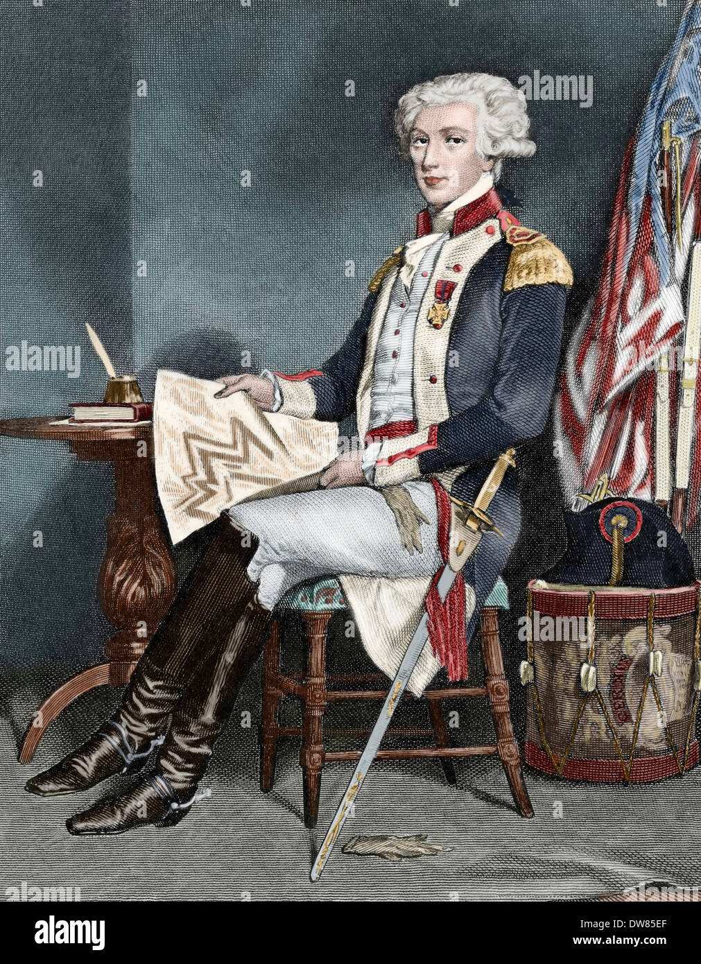 Marquis de La Fayette (1757-1834). Militaire et homme politique français. La gravure. De couleur. Banque D'Images