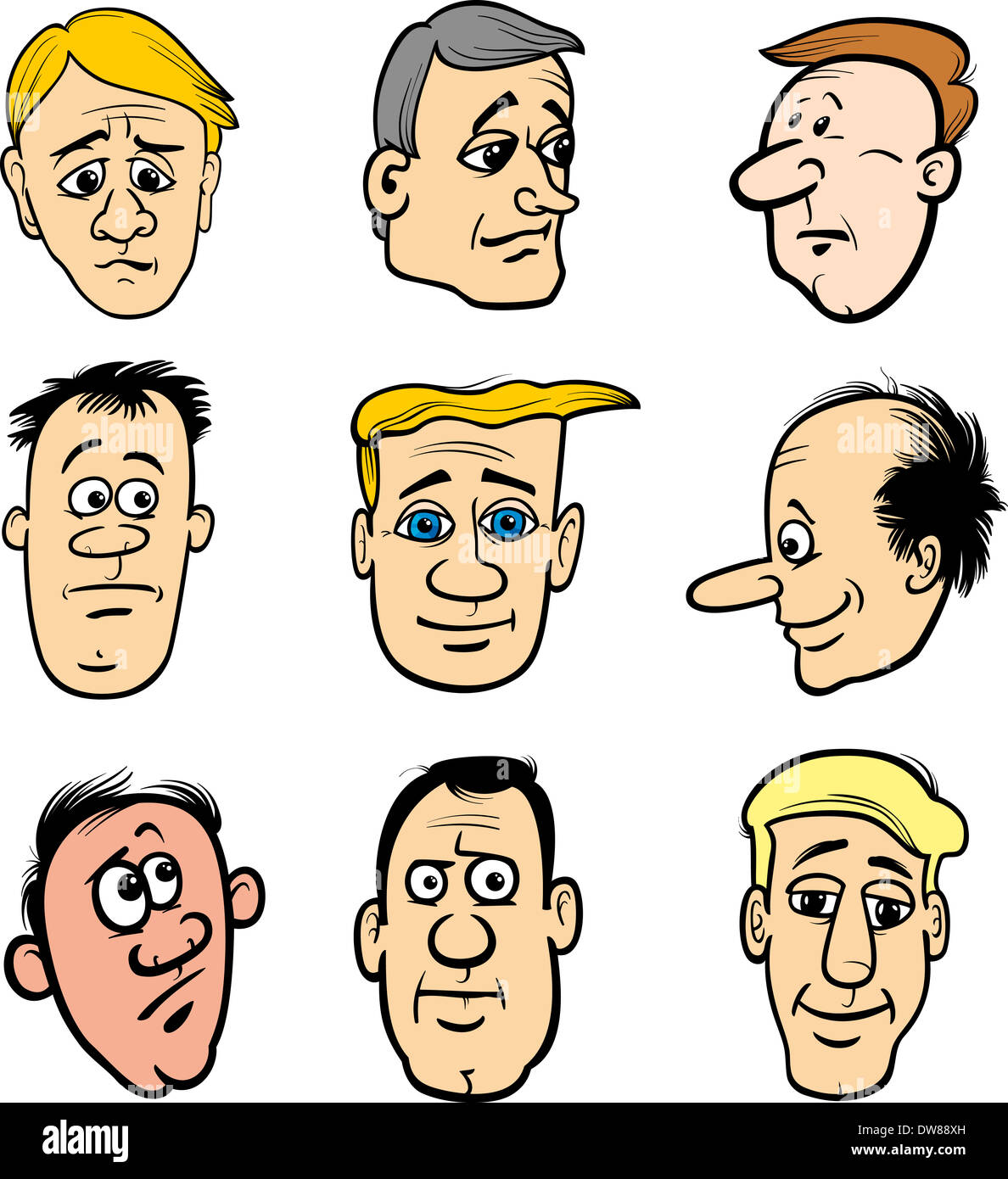Cartoon Illustration d'hommes à la tête des personnages et les émotions ou les expressions Banque D'Images