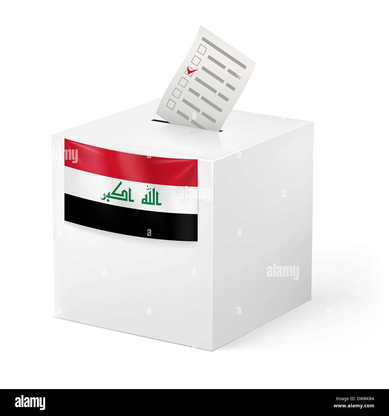 Élections en Irak : boîte de scrutin de vote sur fond blanc Banque D'Images