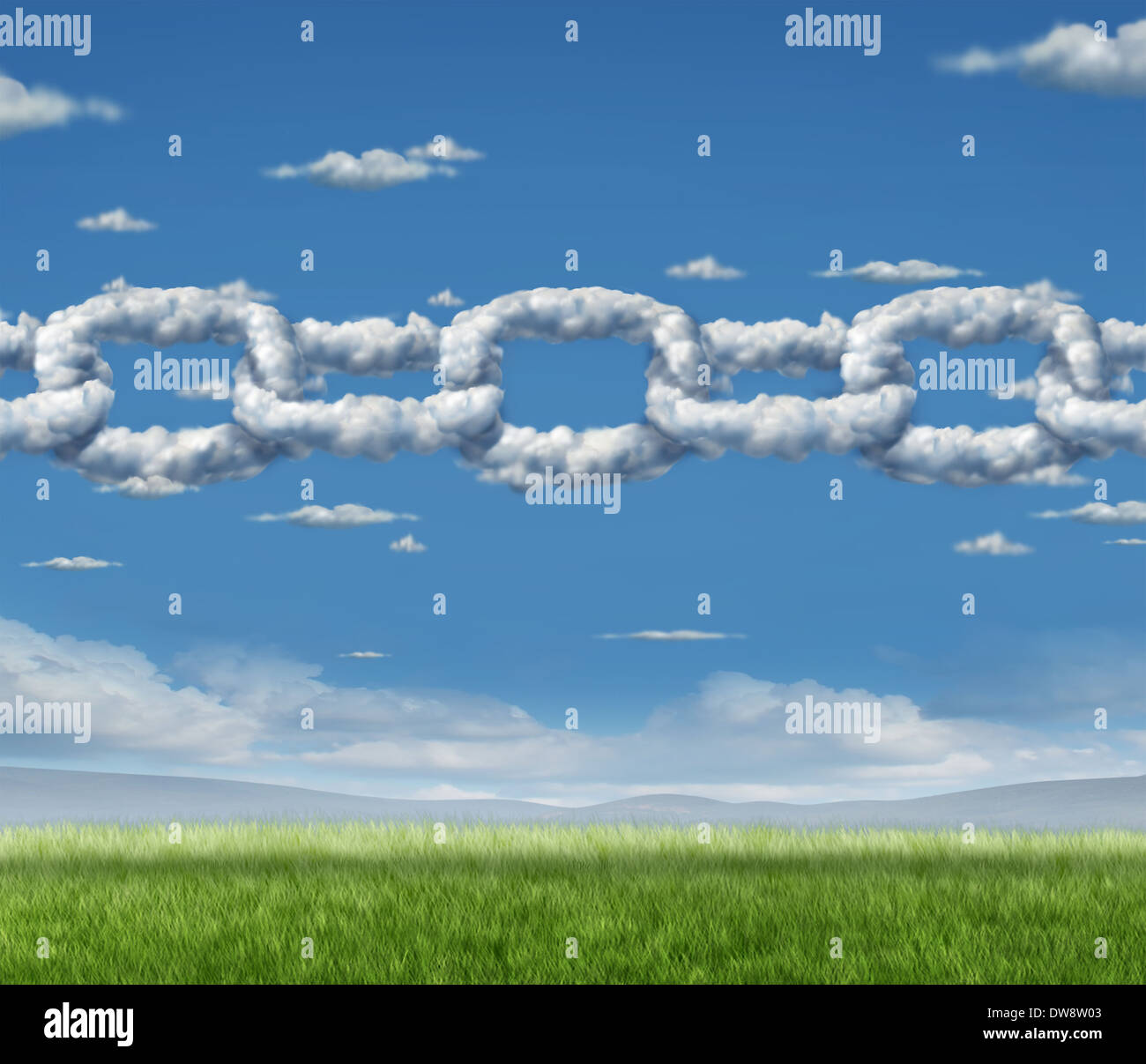 La chaîne Cloud network business concept comme un groupe de cumulus dans le ciel en forme de chaîne reliés reliés ensemble comme une icône de la coopération technologique et financière ou la qualité de l'air de l'environnement partenariat. Banque D'Images