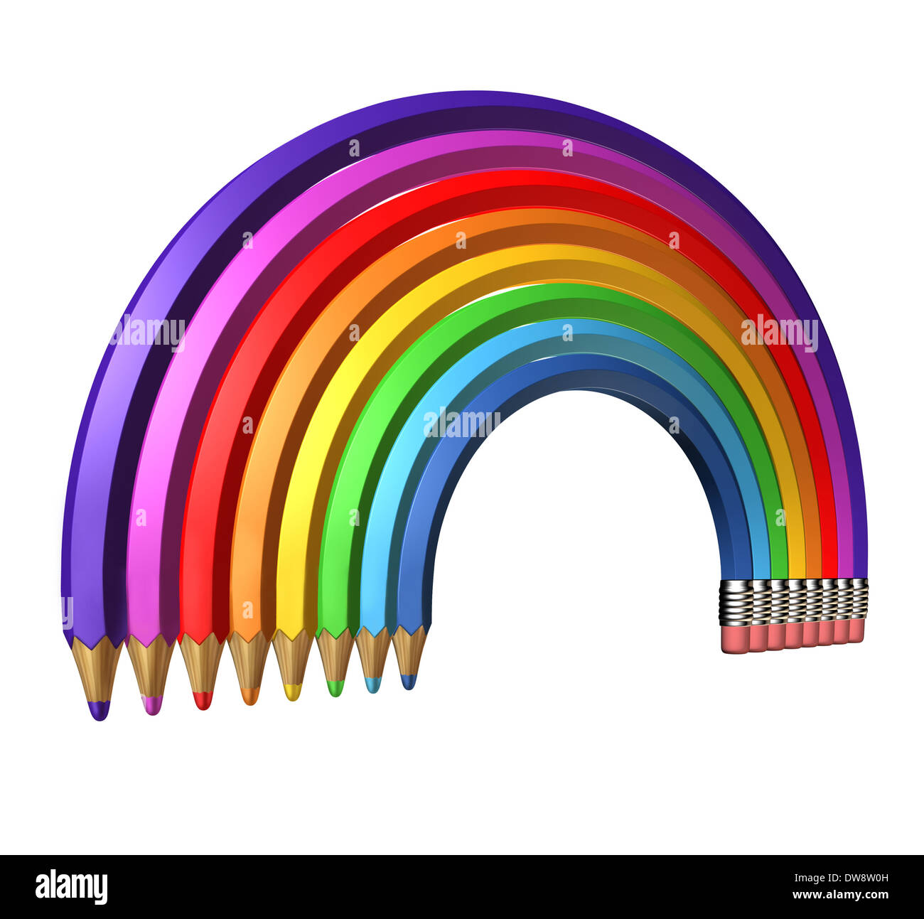Arc-en-ciel crayon avec un groupe de crayons de couleur en forme d'un spectre de couleurs dans une dynamique d'apprentissage en trois dimensions symbole de la créativité et de l'école d'expression design isolé sur un fond blanc. Banque D'Images
