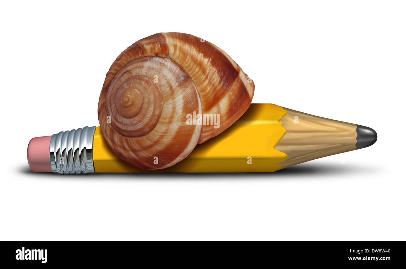 Stratégie lente concept commercial et des délais de planification avec une métaphore en forme d'escargot qu'un crayon comme un symbole de l'atonie de la procrastination et profress de plans et de réforme. Banque D'Images