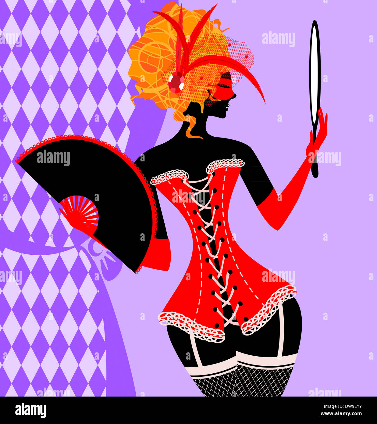 Résumé rouge dame carnaval dans un corset avec miroir Banque D'Images