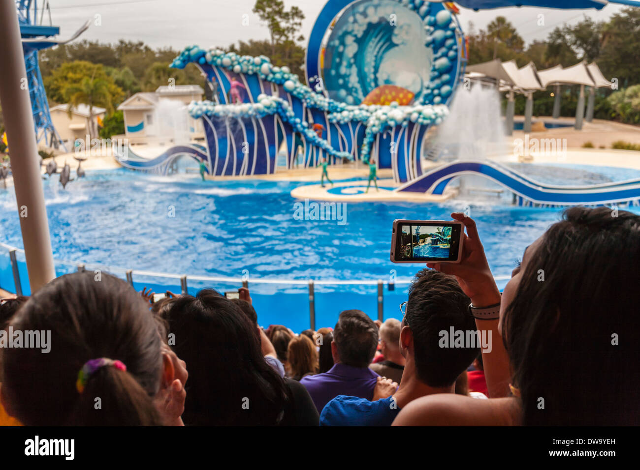 Park guest pour prendre des photos avec un téléphone cellulaire au Blue Horizons show à SeaWorld Orlando Banque D'Images