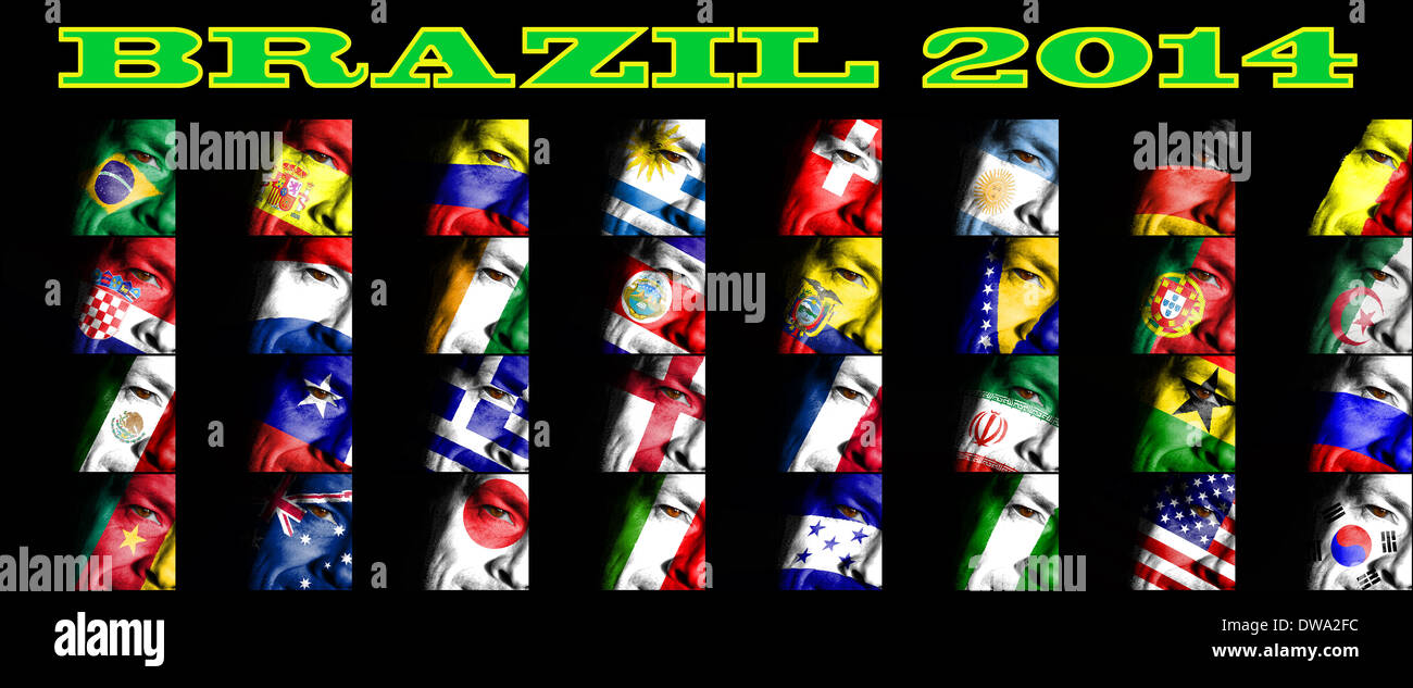 Un ventilateur avec visage peint de tous les pays représentés à la finale de soccer au Brésil à l'été 2014 Banque D'Images