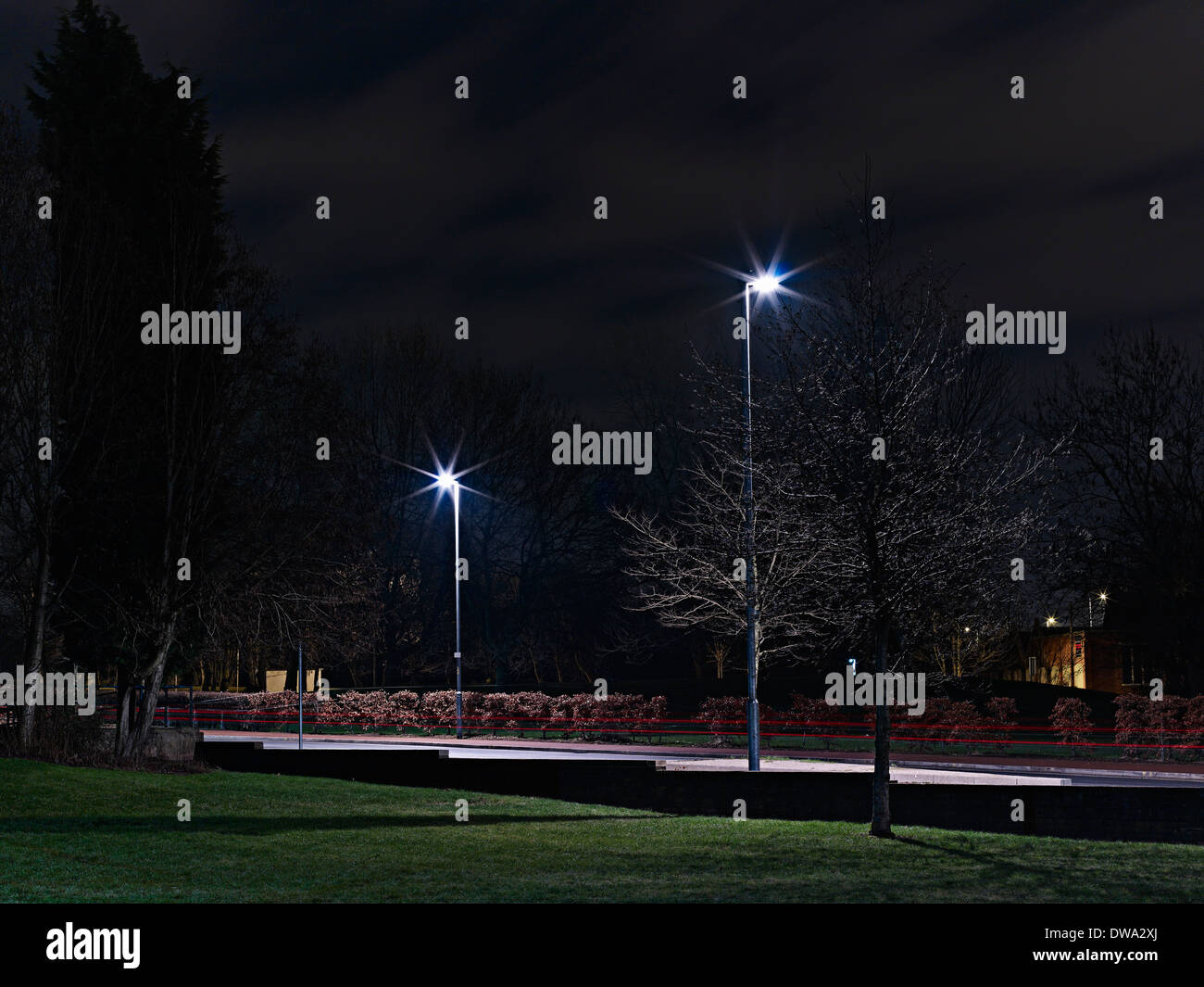 Parc de nuit, lampes de rue Banque D'Images