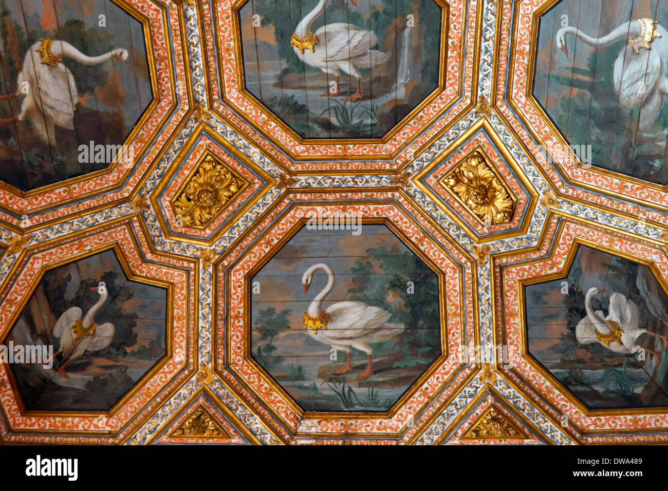 Sala dos Cisnes ou Swan Room nommé d'après les cygnes peint dans le panneau octogonal du plafond, Palais National de Sintra. Banque D'Images