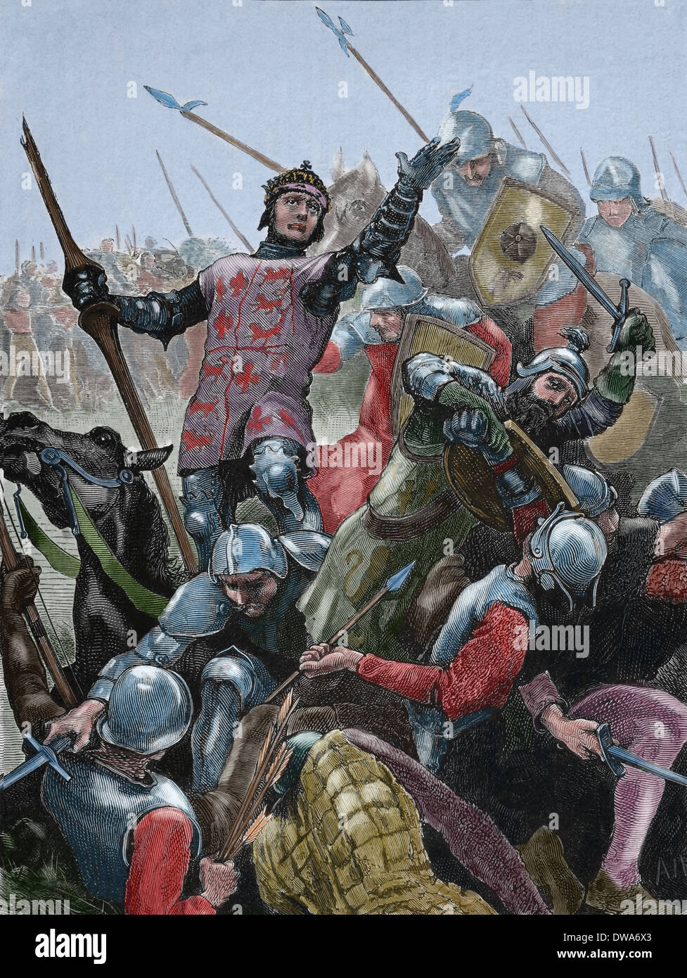 Richard III d'Angleterre (1452-1485). Roi d'Angleterre (1484-1485). La mort dans la bataille de Bosworth Field. Gravure.Couleur. Banque D'Images