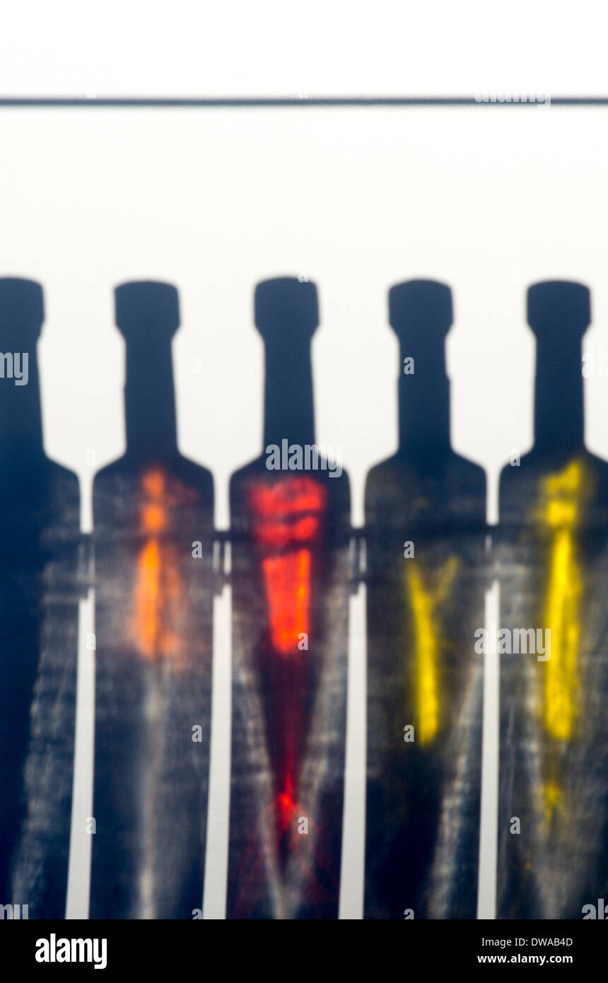 Ombres de bouteilles d'huile d'olive épicée cuisson sur un fond blanc Banque D'Images
