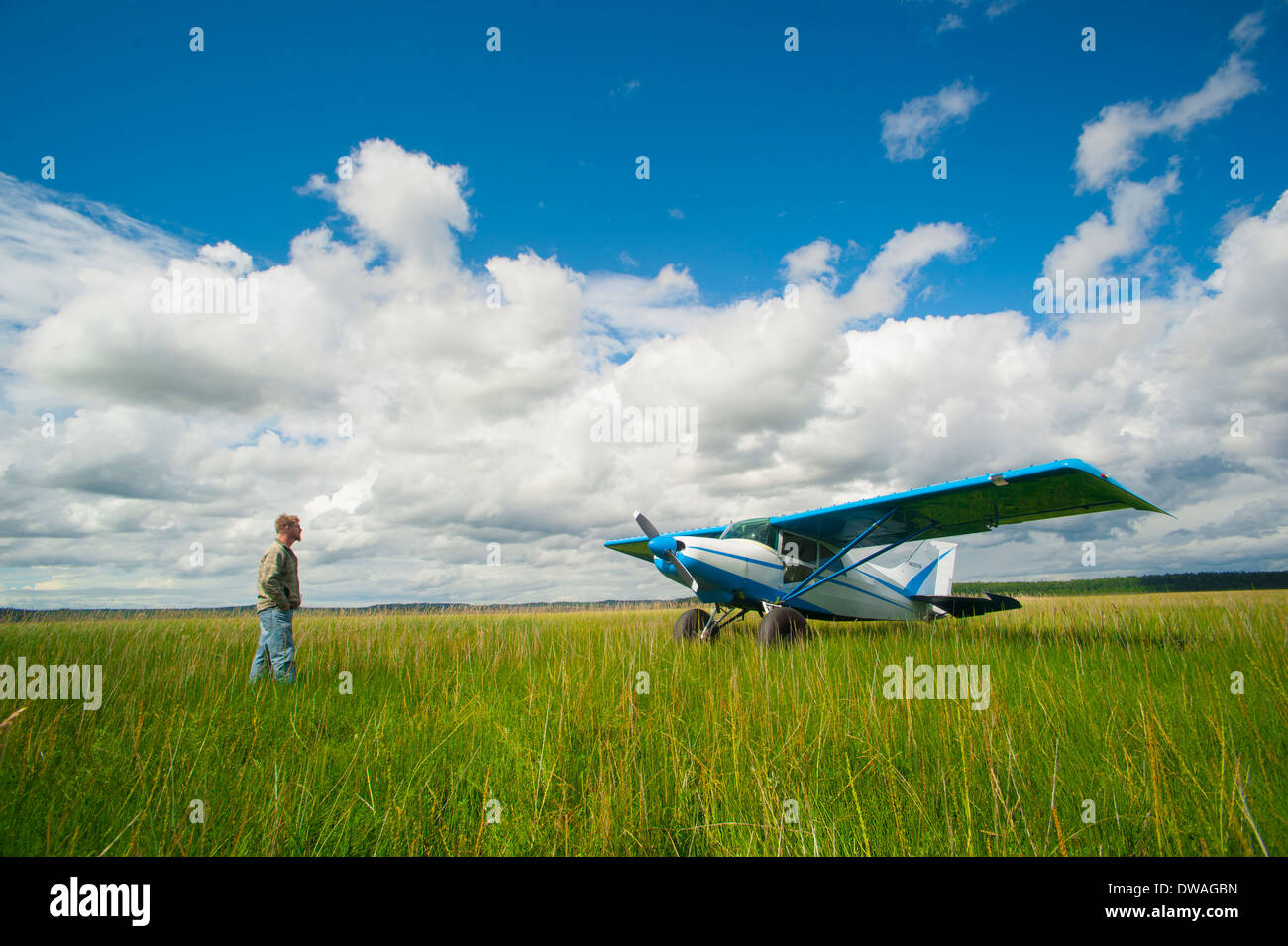 Chet Harris et son Maule M5 avion dans un champ d'herbe, de l'Alaska Banque D'Images