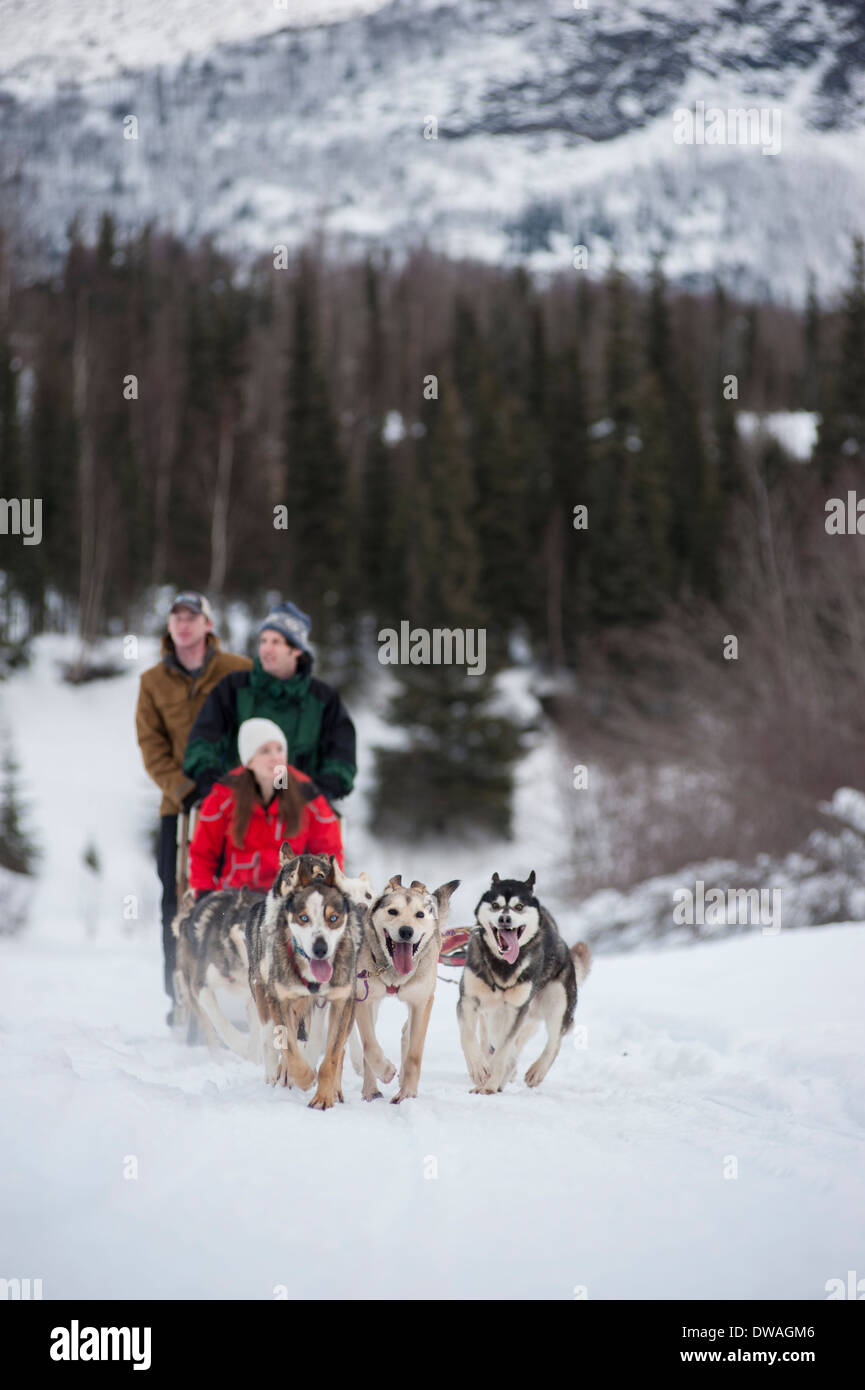 Photo de trois personnes équitation de traîneau en Alaska Banque D'Images