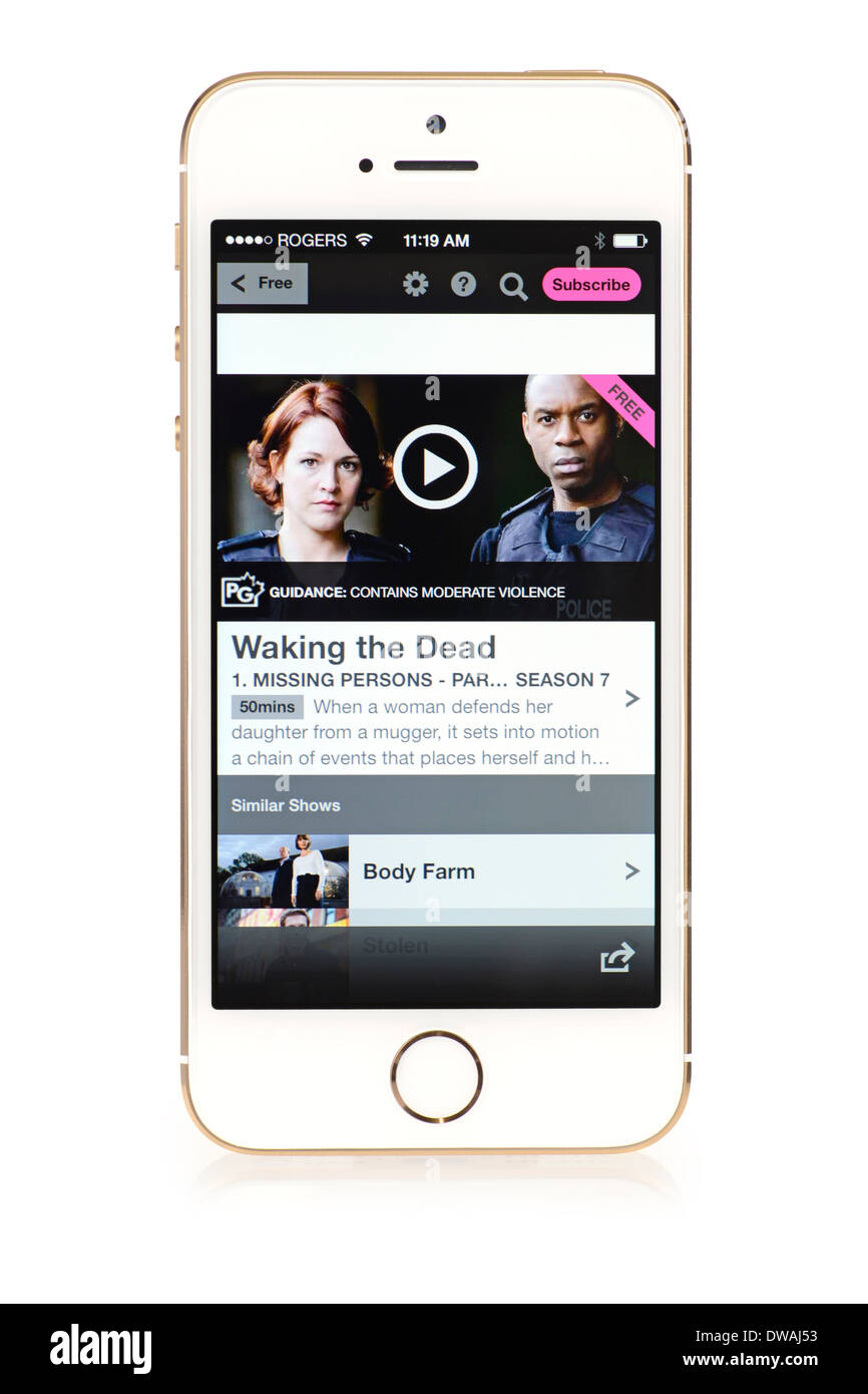 BBC iPlayer, l'iPhone 5S, l'App d'exécution montrant disponible contenu gratuit Banque D'Images