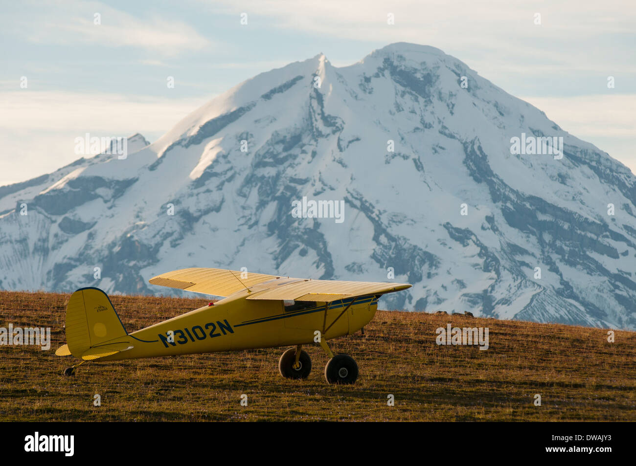 Cessna 120 moteur jaune unique avion de brousse dans la toundra dans les montagnes, en face du Mont Redoubt en Alaska, le volcan Banque D'Images