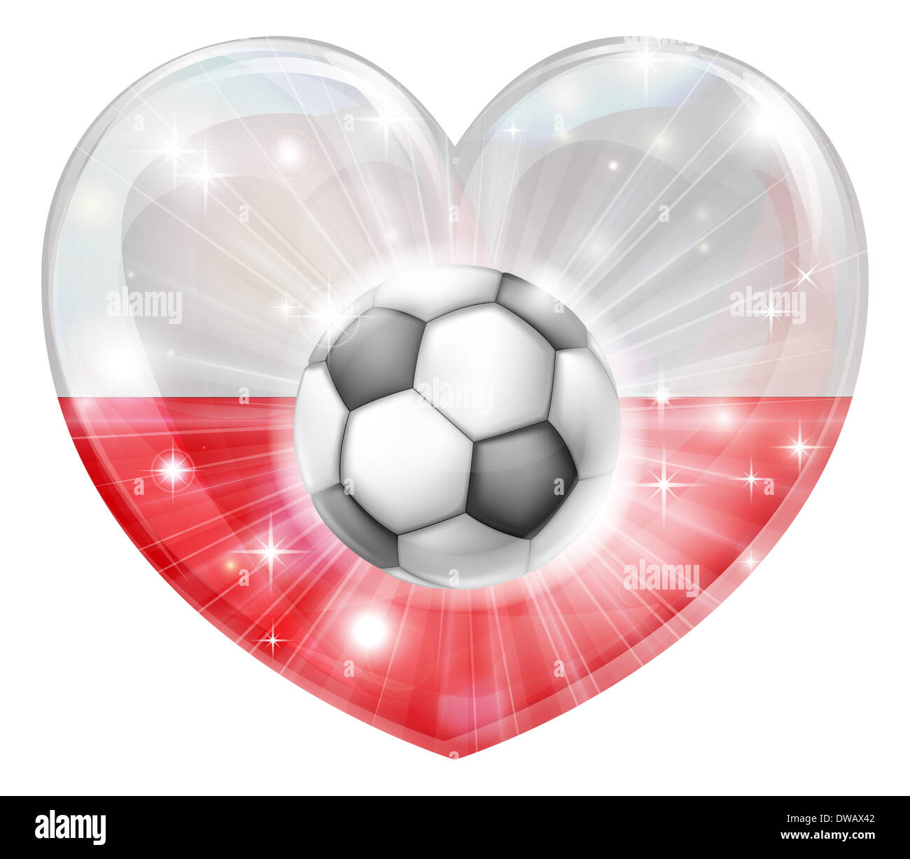Pologne football soccer ball flag love heart concept avec le drapeau polonais en forme de coeur et un ballon de soccer de prendre l'avion Banque D'Images