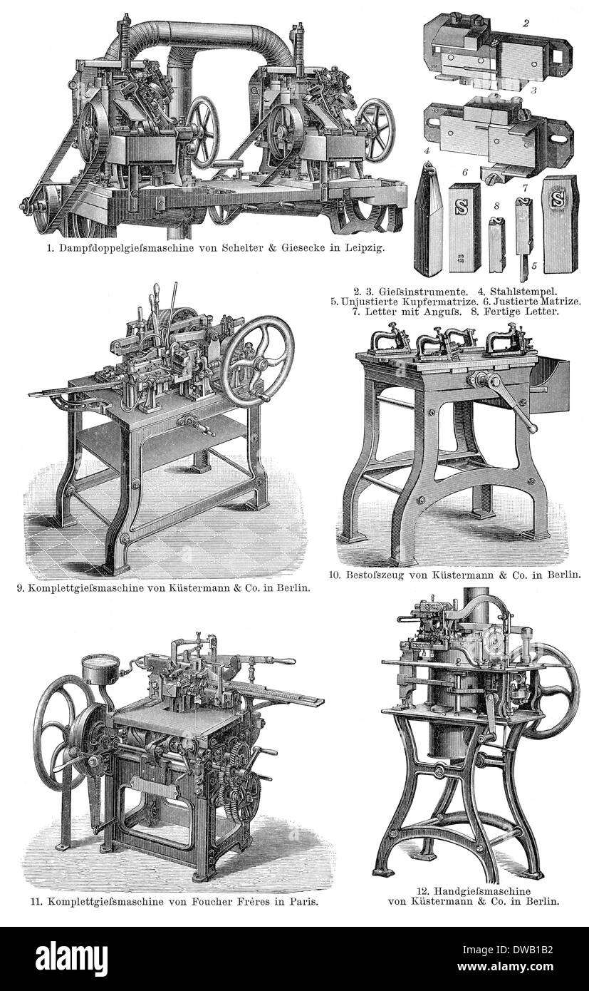 Illustration historique, 19e siècle, les machines pour la production de métal, impression des lettres types, Banque D'Images
