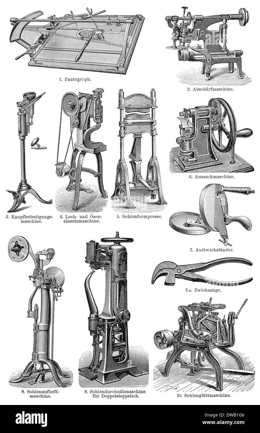 Illustration historique, 19e siècle, les machines pour la production de chaussures, Banque D'Images