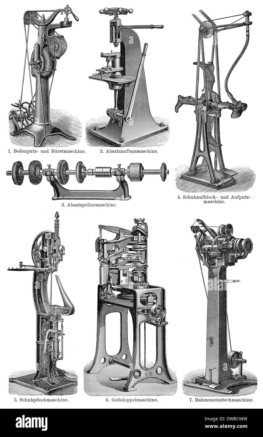Illustration historique, 19e siècle, les machines pour la production de chaussures, Banque D'Images