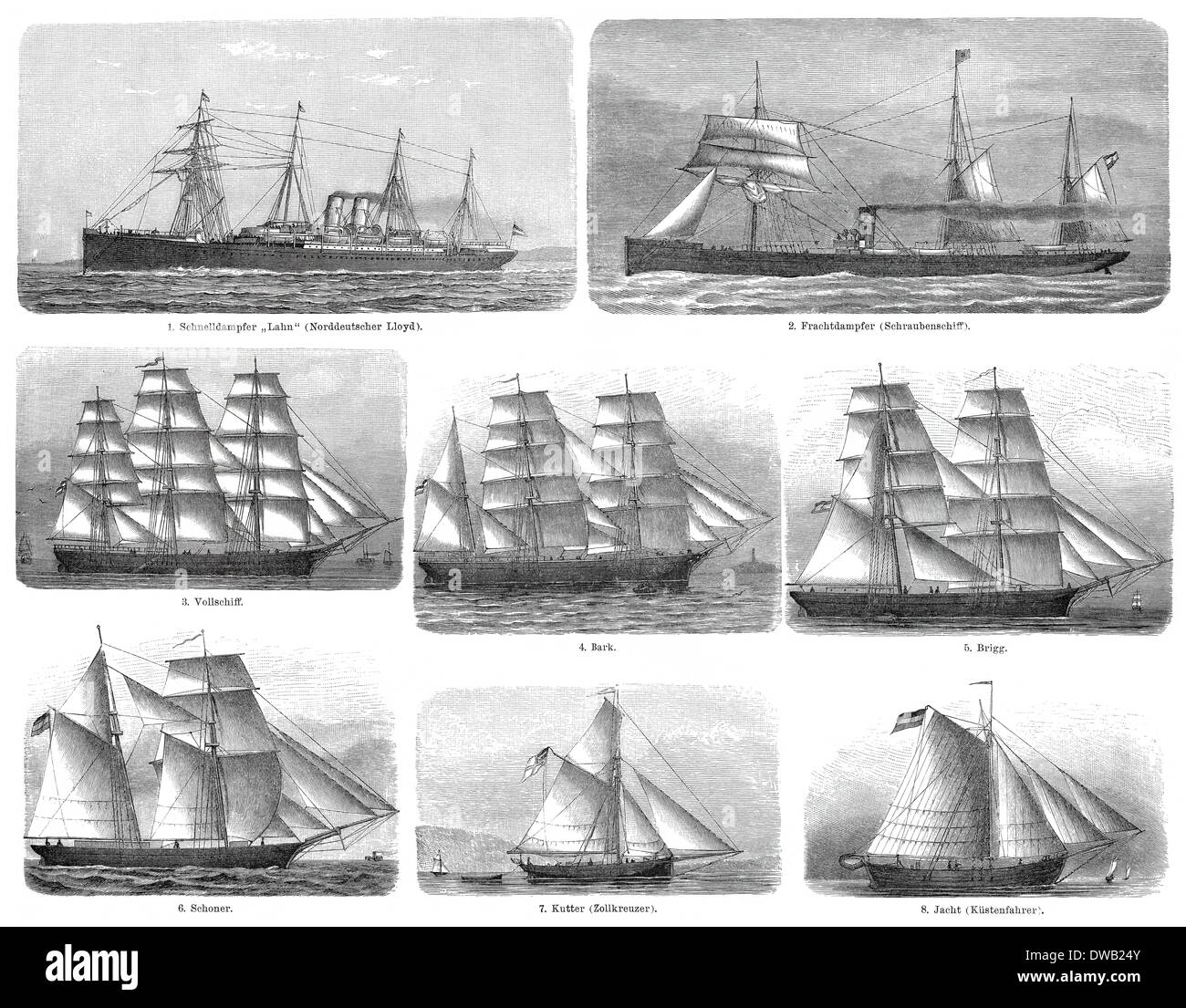Illustration historique, 19e siècle, différents types de navires marchands, Banque D'Images