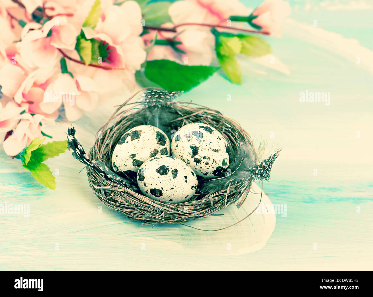 Décoration de Pâques avec des fleurs et des œufs dans le nid des oiseaux. Retro style tonique photo. Selective focus Banque D'Images