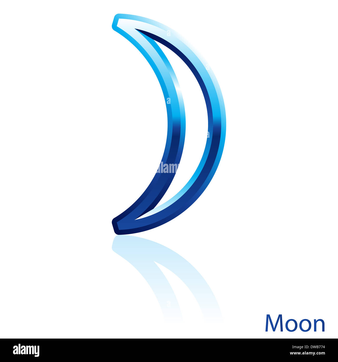 Bleu brillant, signe de lune sur fond blanc. Banque D'Images