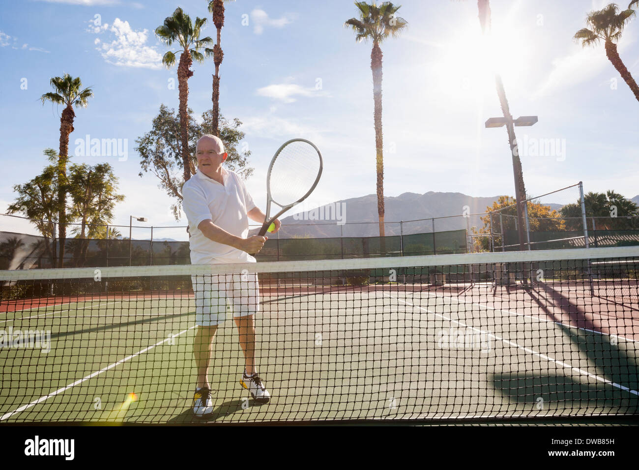 Senior male tennis player holding racket sur cour Banque D'Images